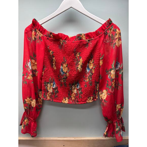 Flying Tomato by Anthropology, Cropped Blouse, Red Floral Print, Sz Small - Picture 1 of 3